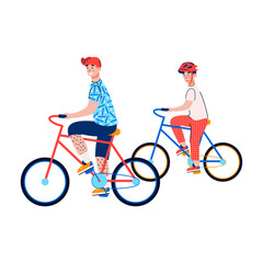 Two boys riding bicycles isolated on white background. Cartoon children or teenagers on bike ride together, vector illustration of friends or brothers biking.