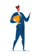 Businessman with a cup. Vector illustration of a happy office worker. Winner.