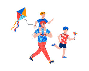 Father and children flying a kite isolated on white background. Cartoon man carrying son on shoulders, playing and running with kids, vector illustration.