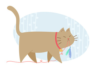 Cat with a toy on a blue background. Funny cartoon style. Vector illustration.