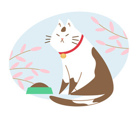 Cat with a bowl on a blue background with flowers. Funny cartoon style. Vector illustration.