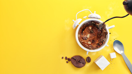 coffee cup time clock on yellow background. creative idea. minimal concept 3d illustration