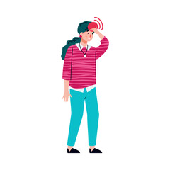 Woman with headache touching her head with worried face. Cartoon person with red pain spot on their forehead standing isolated on white background, vector illustration