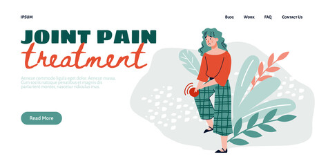 Joint pain treatment web banner template with cartoon character of woman having pain in knee joint, flat vector illustration. Sickness of human musculoskeletal system.