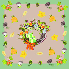 Floral wreath with foliage , rose hips and fir cones