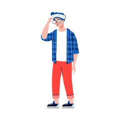 Injured man with bandage on forehead, flat cartoon vector illustration isolated on white background. Patient character for traumatology and rehabilitation clinic.