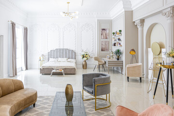 chic luxury interior in an old antique style open-plan apartment decorated with columns and stucco...
