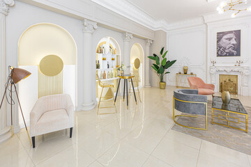 chic luxury interior in an old antique style open-plan apartment decorated with columns and stucco on the wall in pastel colors. tiles on the floor. beige walls