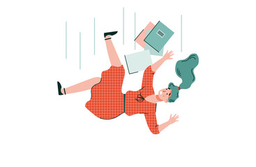 Shocked young woman with books is falling down. Accident, injury, dismissal from work or expulsion from an educational institution. Vector cartoon isolated illustration.