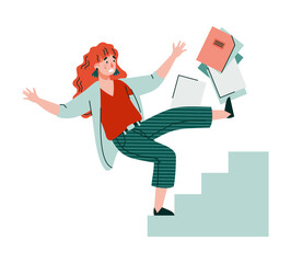 Business woman or office worker cartoon character falling from stairs, flat vector illustration isolated on white background. Safety and injury in workplace concept.
