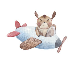 Fototapeta na wymiar little cartoon elk, moose flying in an airplane, illustration for kids design watercolor