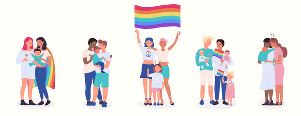 Fototapeta premium LGBT family flat vector illustration set. Cartoon happy LGBT family people collection of gay lesbian bisexual couple parent character and adopted children, rainbow adoption parenting isolated on white