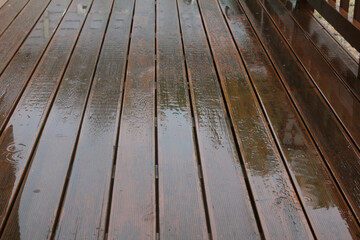 raining on wet wooden floor with reflection