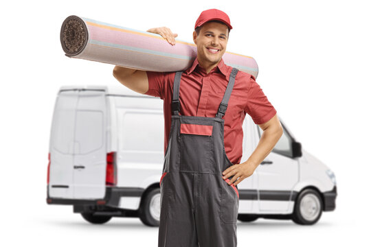 Worker From A Carpet Cleaning Company With A Van