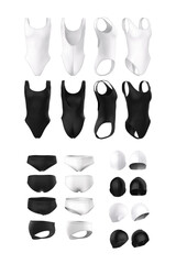 Women's closed swimsuit, men's short swimming trunks, rubber swimming cap. Set of black and white 3d realistic illustration of the template, mock up sportswear isolated on a white background.