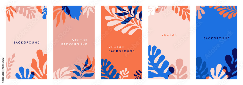 Poster Vector set of abstract floral backgrounds with copy space for text in red and blue colors with effect of overprinting. Templates with leaves and plants for posters, social media stories wallpapers 