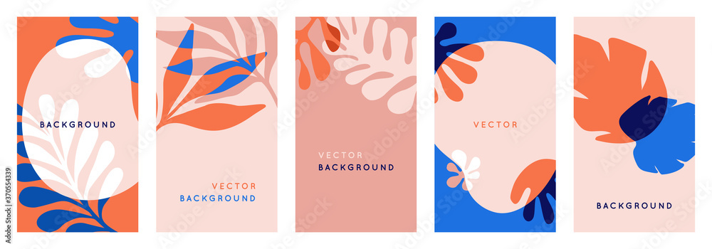 Poster Vector set of abstract floral backgrounds with copy space for text in red and blue colors with effect of overprinting. Templates with leaves and plants for posters, social media stories wallpapers 