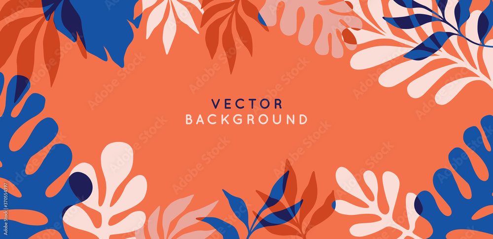 Aufkleber Vector set of abstract floral backgrounds with copy space for text in red and blue colors with effect of overprinting. Banners and templates with leaves and plants for posters,  cover designs