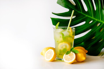 Single glass of iced lemonade with monstera leaf. Studio shot of refreshing non alcoholic mojito drink with lemon slices, mint leaves and ice isolated on white background, close up, copy space.