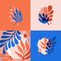 Vector set of abstract floral backgrounds with copy space for text in red and blue colors with effect of overprinting. Templates with leaves and plants for posters, social media posts wallpapers 