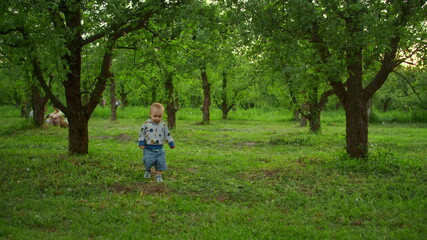 Cute toddler walking in forest. Two siblings playing with ball outside