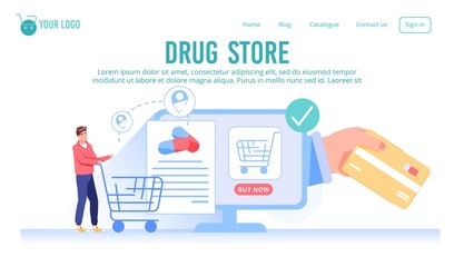 Obraz na płótnie Canvas Online drugstore service for shopping. Man customer order remedy pills, buy medicaments and drugs on internet, use contactless virtual payment. Healthcare eE-commerce landing page design