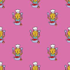 Seamless pattern of hand drawing cute yellow cat cooking on pink background.
