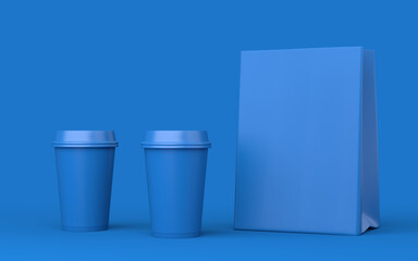 Two disposable plastic cups and paper bag standing in a row. Mockup for your design. 3d illustration rendering.  