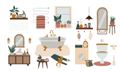 Cozy bathroom interior. Scandinavian bath with toilet sink plants home decorations.  Modern vector illustration hugge boho style