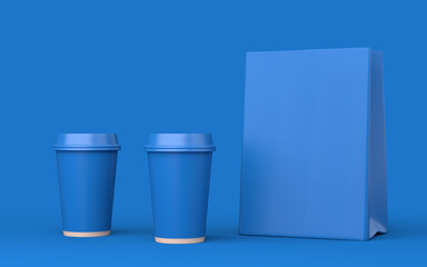 Two disposable plastic cups and paper bag standing in a row. Mockup for your design. 3d illustration rendering.  