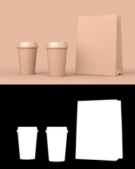 Two disposable plastic cups and paper bag standing in a row. Mockup for your design. 3d illustration rendering. Alpha Channel mask.