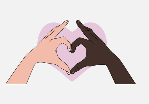 Black and white hands heart shaped with haert of LGBT, the symbol of lesbian, gay, bisexual, transgender, and queer. Flat design vector illustration.