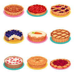 Sweet Homemade Pies with Filling and Crusts Made of Shortcrust Pastry Vector Set