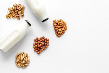 Dairy free milk protein nuts drink. Top view, copy space