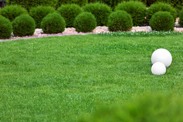 backyard lights garden with 2 electric ground lanterns with sphere diffuser lamps in meadow in outdoors park with copy space landscaping cypress bushes in stone mulching, nobody.