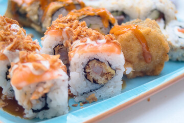 Mixed set of Japanese sushi, rolls, nigiri and sashimi