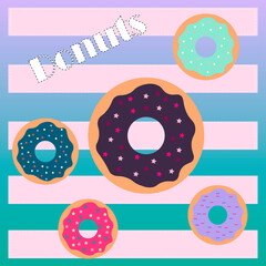 Cute cartoon donuts. Can be used for kid's clothing. Use for print, surface design, fashion wear. For design of album, scrapbook, card and invitation