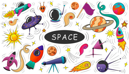 Obraz premium Cartoon hand-drawn doodles on the subject of space style theme pattern. Vector background