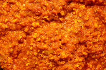 Detail of a fried vegetable sauce with tomato.