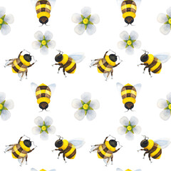 Wild bees pollinate flowers. Seamless pattern with insects and a flower on a white background. Summer ornament. Day of the beekeeper. The world day of protection of bees. Stock images for printing o