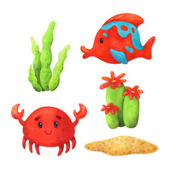 Algae, corals, fish and crab in a red-green color scheme. Set of watercolor illustrations for design isolated on a white background. Decorative elements of the sea floor and aquarium