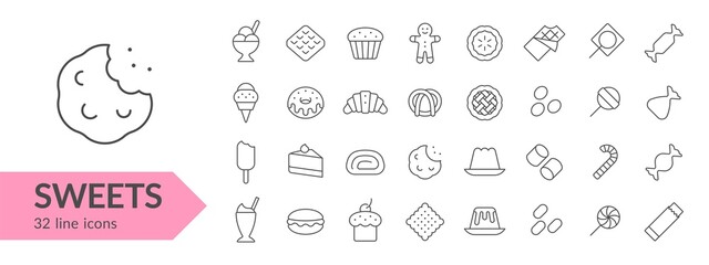 Sweets line icon set. Isolated signs on white background. Vector illustration. Collection