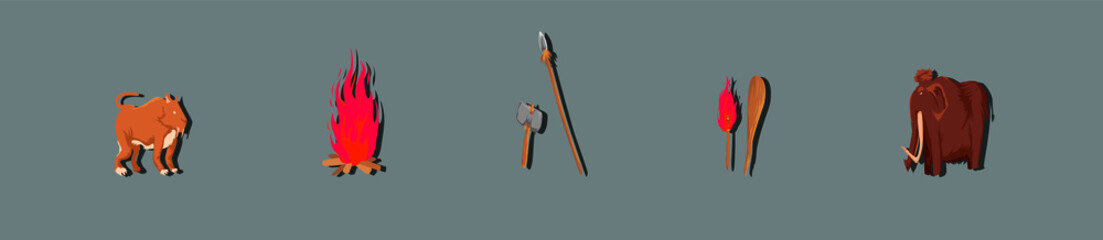 set of ice age vector element. ancient elephant, ancient cat and more. isolated on dark background