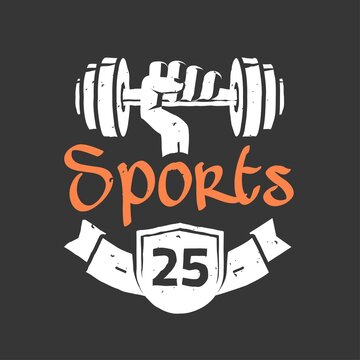 Gym fitness center logo sign vector in vintage retro design illustration, modern black white graphic print clipart image, dumbbell weight in hand icon badge, bodybuilding workout training symbol