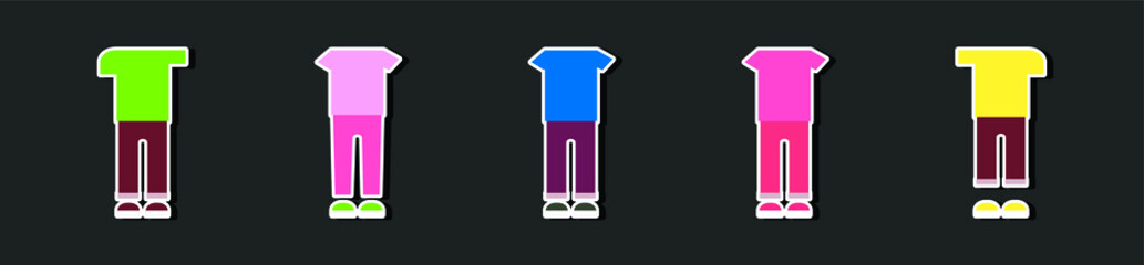 set of shirt, pants and shoes icon with different colors. isolated vector on black background