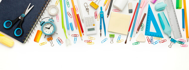School stationery isolated on white background. Banner for sale.