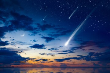 Amazing heavenly image with beautiful glowing sunset, comet and shooting stars, rising crescent...