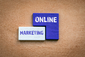 ONLINE MARKETING concept. Colored wooden blocks, puzzle and mind game