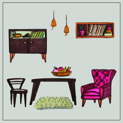 Furniture. Interior. Household items. Isolated vector objects from the set about the house, apartment, interior design, comfort. Chest of drawers, armchair, potted flowers, rack, paintings. 