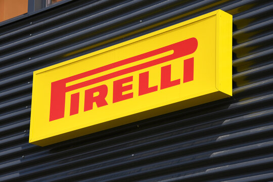 Munich, Bavaria / Germany - May 19, 2018: logo of tire manufacturer PIRELLI in Munich, Germany -  Pirelli & C. S.p.A. is an Italian multinational company based in Milan, Italy
